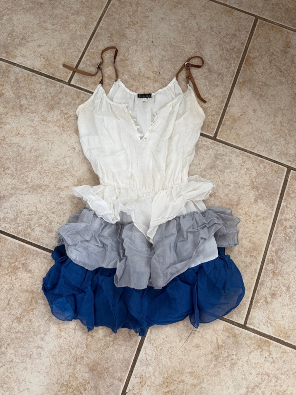 Girls Tiered Ruffle Spaghetti Strap Dress in White, Gray & Blue